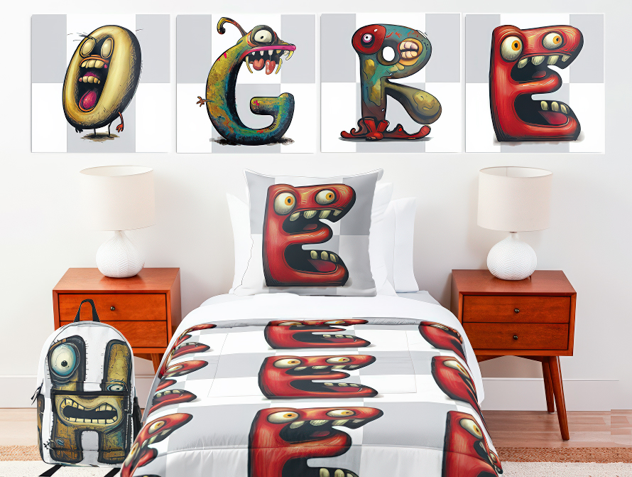 Ogres letters bedroom with blanket, throw pillow, posters, backpack and throw pillow