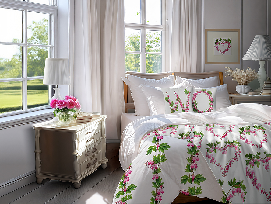 A sunny bedroom decoratd with Bleeding Hearts designs