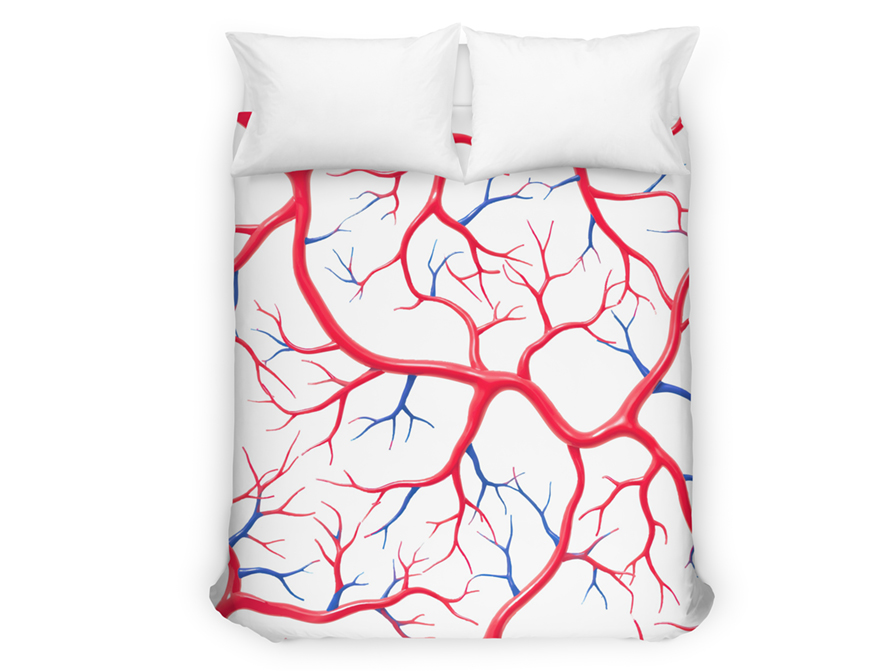 Duvet cover with a pattern of red and blue blood vessels