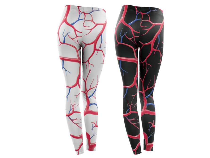 Leggings patterned with red and blue blood vessels