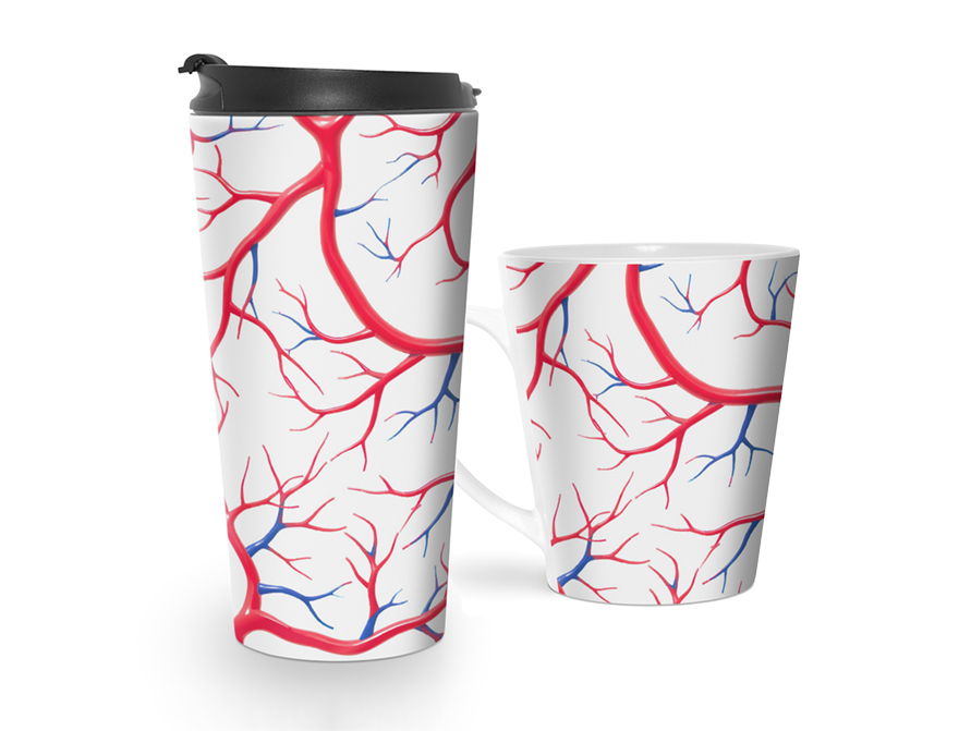 coffee mug and travel cup with a red and blue blood vessels pattern