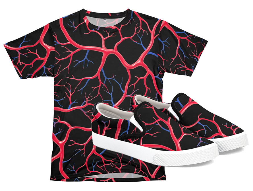Overall print t-shirt and slip-on shoes printed with a red and blue blood vessels patttern
