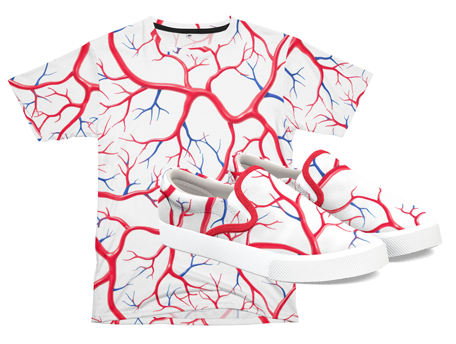 Overall print t-shirt and slip-on shoes printed with a red and blue blood vessels patttern