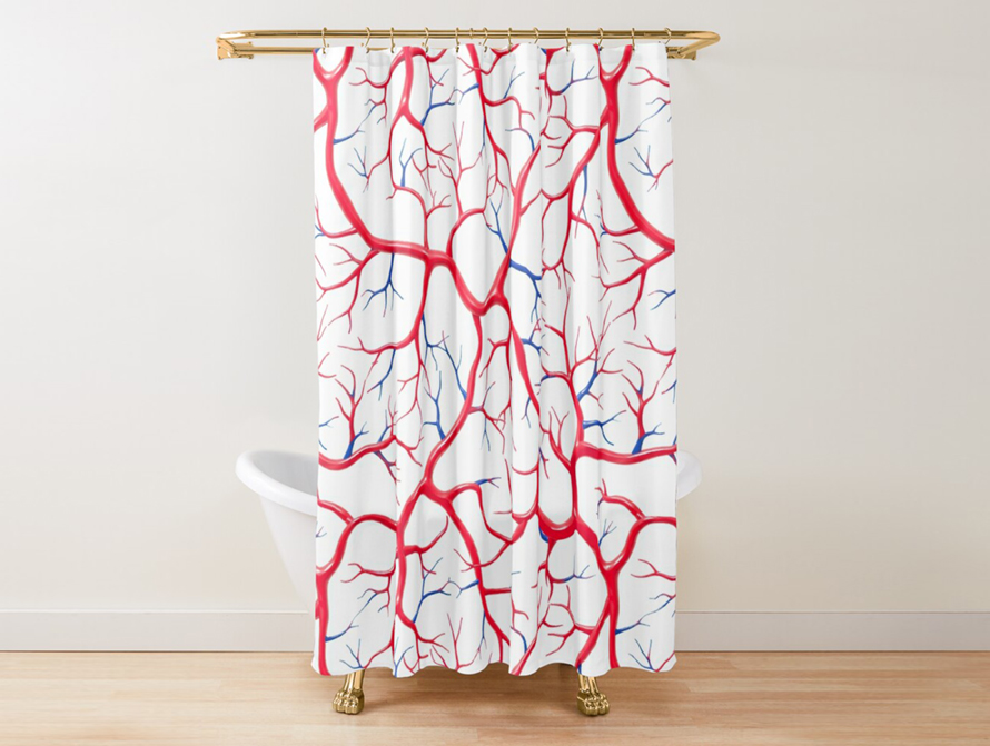 Shower curtain printed with red and blue blood vessels pattern