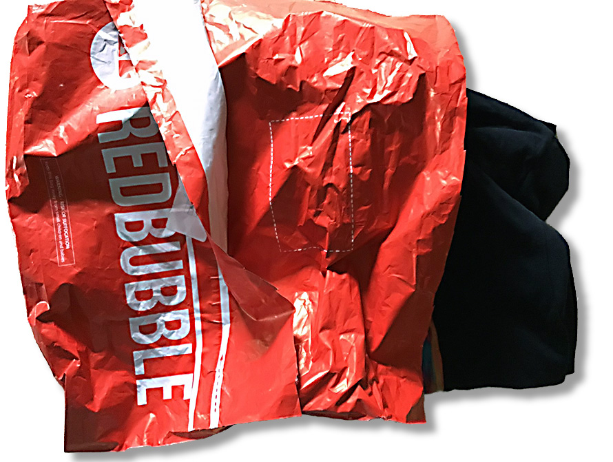Photo of a Redbubble bag that delivered one of our Art-Type products.
