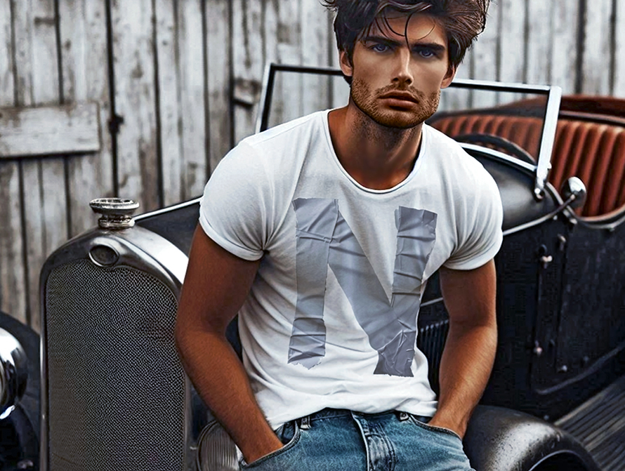 Young man wearing a white t-shirt with Duct Tape letter N