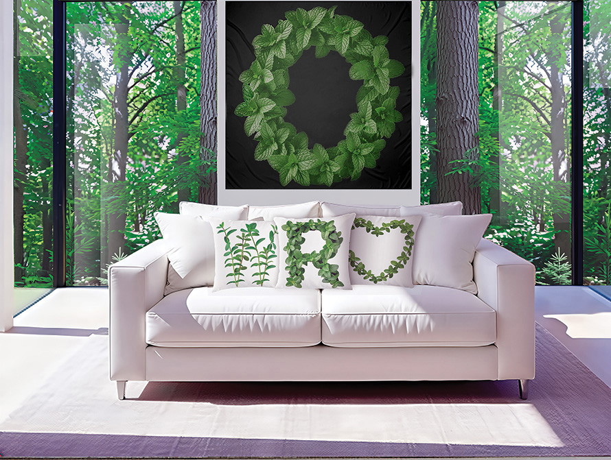 A Living Room Decorated with Mint Alphabet Pillows and Wall Art