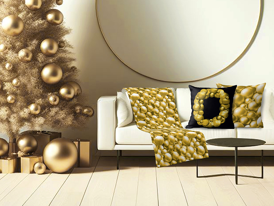 Colorful Christmas pillows, throw blanket