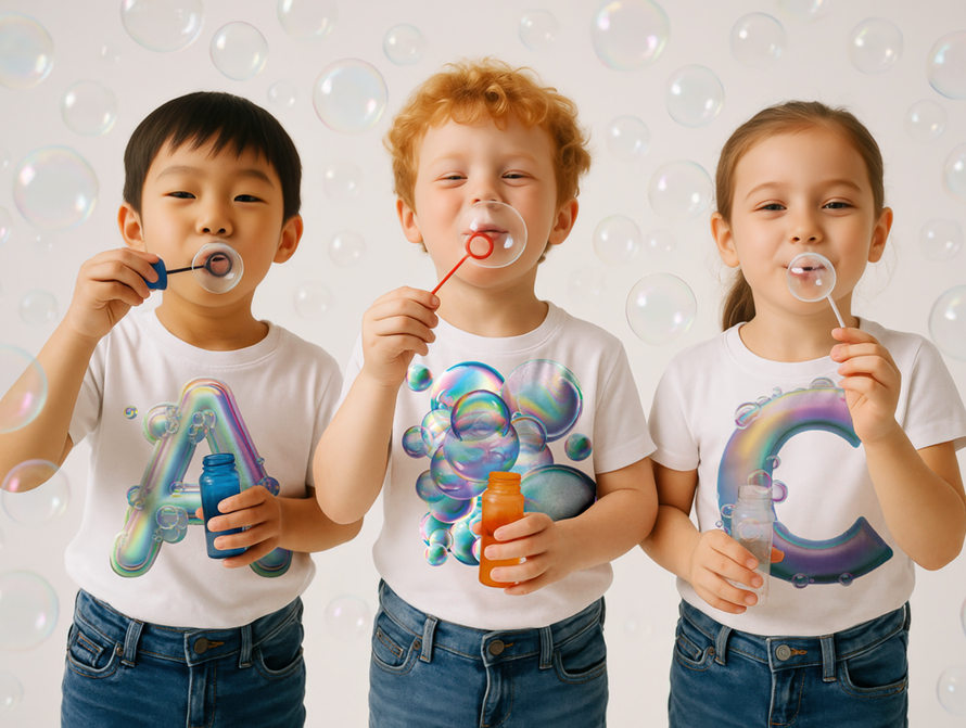 A group of children laughing and blowing soap bubbles