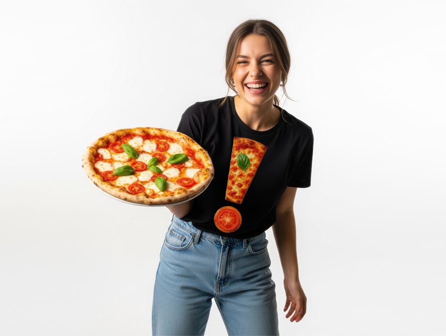 Girl wearing a Margherita Pizza letter t-shirt