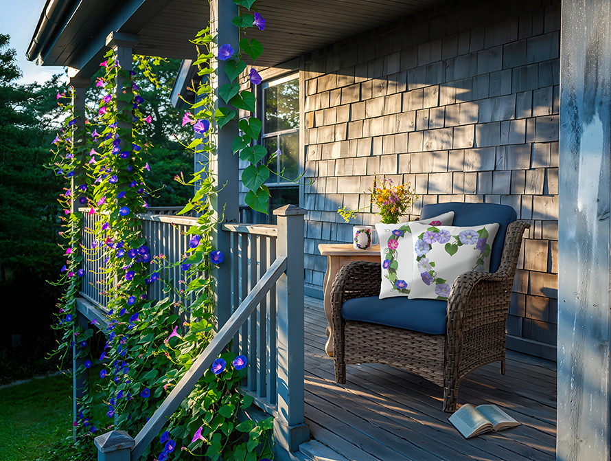 A sunny porch decorated with Morning Glory designs