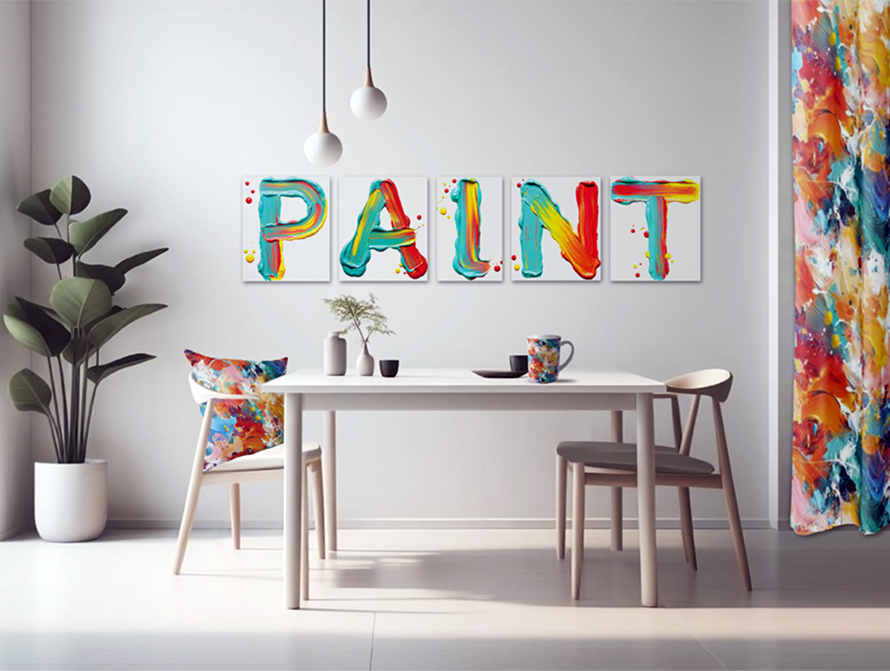 Paint letter canvas art prints, curtain, coffee cup and pillow
