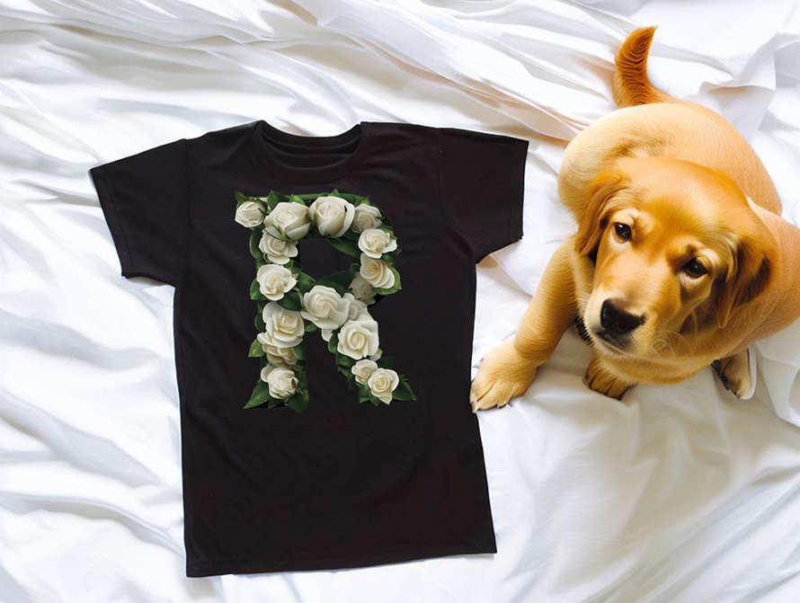 Black t-shirt with Roses letter, a dog sitting beside it