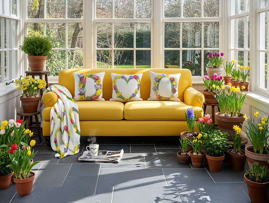 A sunny conservatory filled with flowers and decorated with Spring Flowers pillows and throw