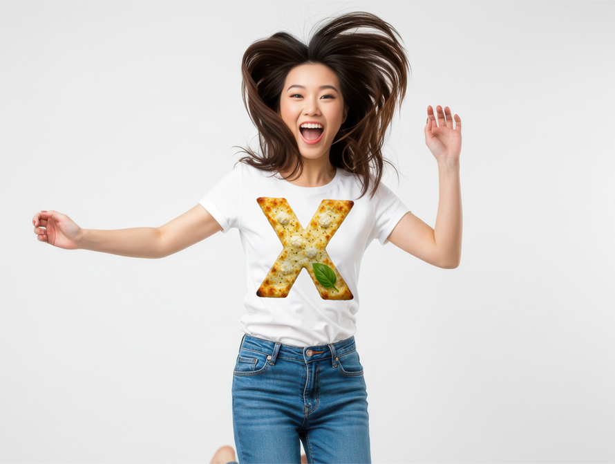 Girl wearing a White Pizza letter t-shirt